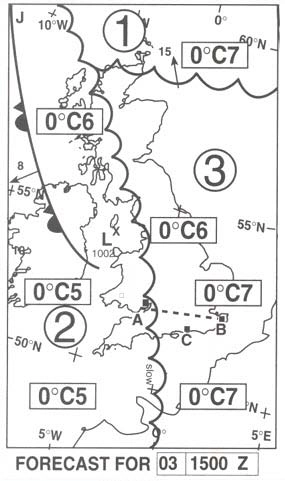 Meteorologija - Na osnovu dijagrama, odrediti pojavu koja je identifikovana sa slovom J u tački 60°N 12°W? (Pogledajte sliku PPL Meteo- 10).
